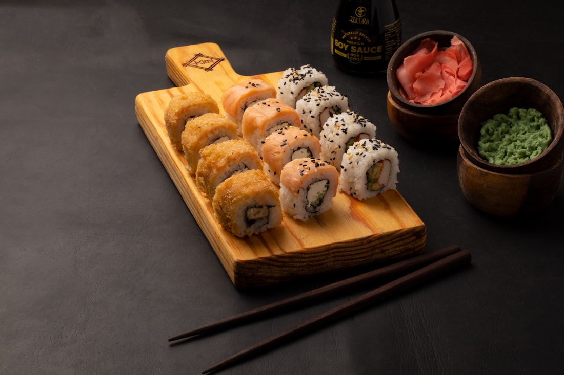 Maki selection on a warm wooden board