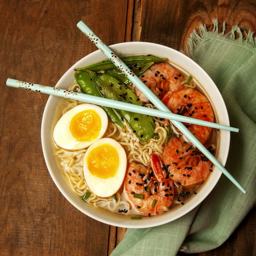 Shoyu ramen with soft egg and prawn