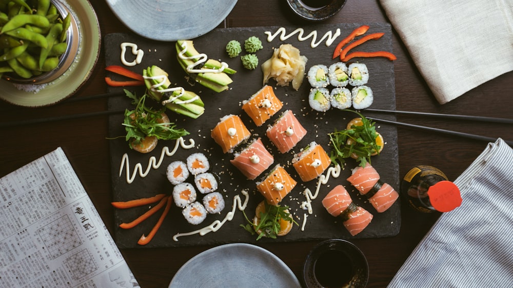 Overhead view of a seasonal sushi selection